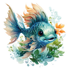 Fototapeta na wymiar watercolor funny fish dragon full clipart, Generative Ai