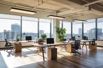 Fototapeta premium Modern open light office with wood floor plants desks computers