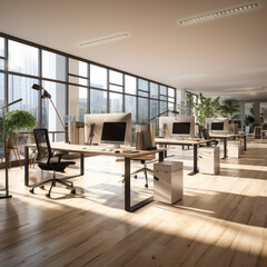 Modern open light office with wood floor plants desks computers