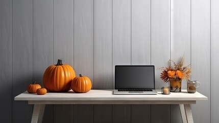 a laptop computer sitting on top of a wooden table next to pumpkins.  generative ai