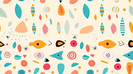  a pattern of fish and leaves on a white background with a blue, red, yellow, and orange design.  generative ai