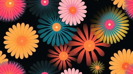  a bunch of flowers that are on a black background with a red center.  generative ai