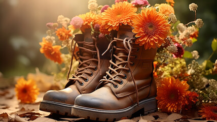 bouquet of autumn flowers in old shoes greeting card, pot of flowers