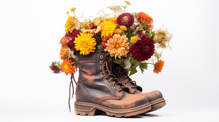 bouquet of autumn flowers in old shoes greeting card, pot of flowers