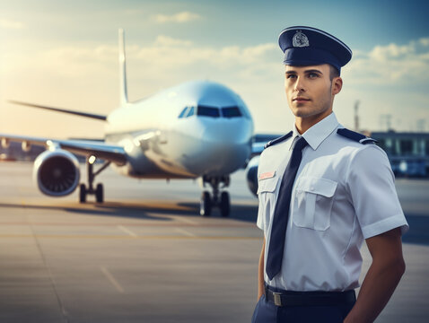 Airport worker stand at airplane and airport background near terminal . Aircrew, occupation concept