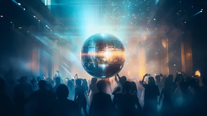 Foto op Plexiglas abstract background disco nightclub mirror disco ball with rays of light, silhouette of a crowd of people in the spotlight, and a musical performance, fictional © kichigin19