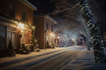 Winter street scene adorned with fir trees and festive lights. Generative AI