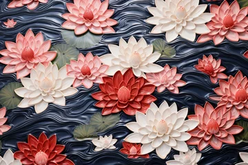 Foto op Canvas Water lilies on a textile pattern resembling Japanese tenugui on a brick report. Generative AI © Azura
