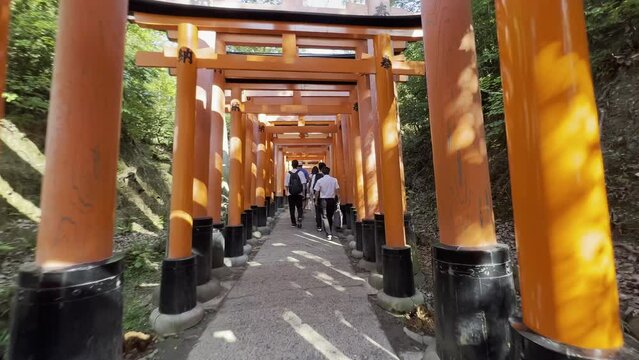 following walking tourists through iconic orange gates of Fushimi Inari Taisha