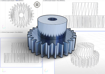 dessin 3D de roue dentée pour pignon mécanique d'engrenage de boite de vitesse, dessin 2D en arrière plan - obrazy, fototapety, plakaty