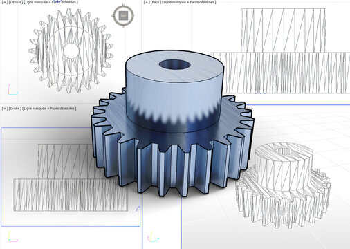 dessin 3D de roue dent&eacute;e pour pignon m&eacute;canique d'engrenage de boite de vitesse, dessin 2D en arri&egrave;re plan