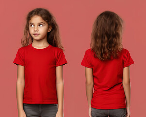 Front and back views of a little girl wearing a red T-shirt