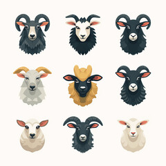 Set of sheep heads. Vector illustration in cartoon style. Farm animals.