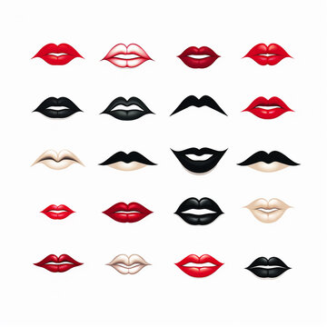 Lips vector set. Red, black and white lips isolated on white background.