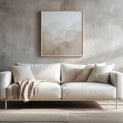 White sofa with beige pillows against concrete wall. Minimalist home interior design of modern living room, Generative AI
