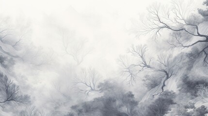  a painting of trees in the fog with no leaves on them.  generative ai