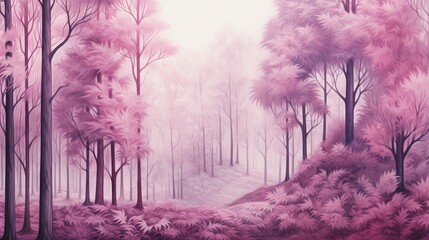  a painting of a pink forest with trees and bushes in the foreground.  generative ai