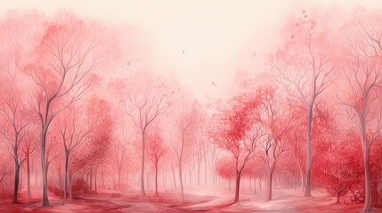  a painting of a red forest with trees in the background.  generative ai