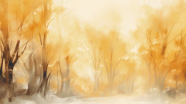  a painting of trees in the snow with a yellow sky.  generative ai