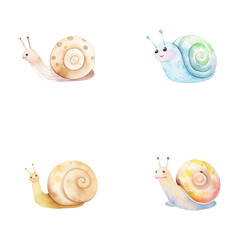 set of cute snail watercolor illustrations for printing on baby clothes, sticker, postcards, baby showers, games and books, safari jungle animals vector © Anasvectorpng