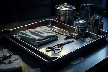  surgical instruments on table before operation - obrazy, fototapety, plakaty