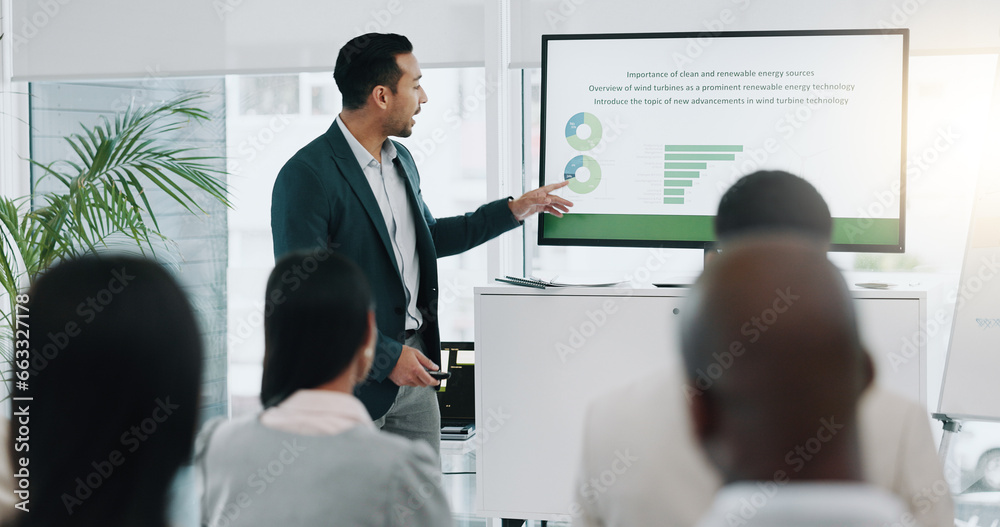 Poster Wind turbine presentation and business man with clean energy data and information with discussion. Speaker, management and team leader with environmental group and planning for eco friendly project