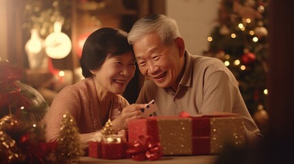 Obraz na płótnie Canvas happiness cheerful asian old senior retired marry couple enjoy happiness family night on christmas eve celebration event with interior of house full of christmas decorative ornament at night