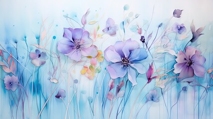  a painting of purple flowers on a blue background with water droplets.  generative ai