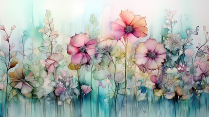  a painting of flowers and leaves on a white background with blue and pink colors.  generative ai