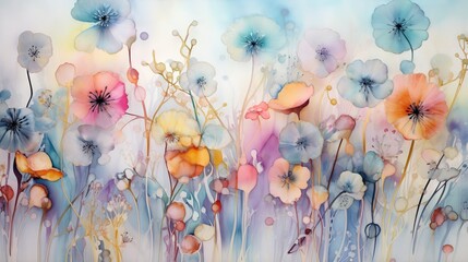  a painting of flowers and grass with blue and pink colors.  generative ai