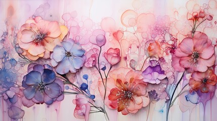  a painting of flowers painted on a white wall with pink and blue colors.  generative ai