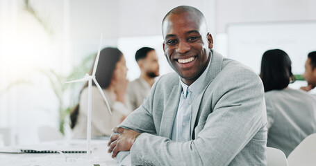 Portrait of black man, smile in and boss at business office, confident project manager at engineering agency. Happy businessman leader with pride, entrepreneur and renewable energy startup in Africa. - obrazy, fototapety, plakaty