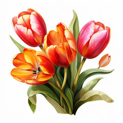 Fototapeta premium Bouquet of tulips isolated on white background. Watercolor illustration.