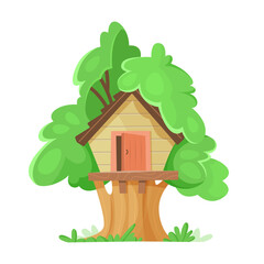 House on tree for kids. Cartoon vector illustration.