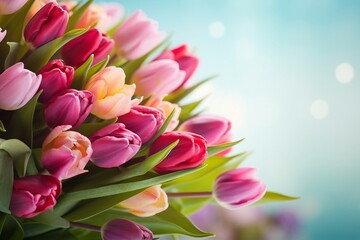Obraz premium spring flowers banner. bunch of pink tulip flowers on blue sky background. generative ai.