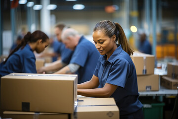 Workers at a post-delivery service warehouse, sorting through shelves filled with cardboard boxes and packages.