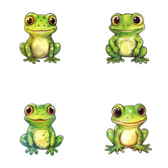 set of cute frog watercolor illustrations for printing on baby clothes, sticker, postcards, baby showers, games and books, safari jungle animals vector