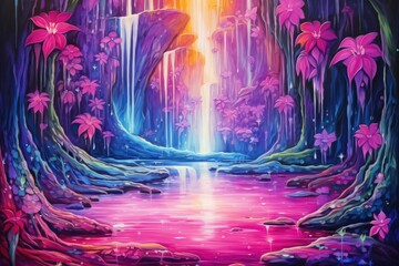 Harmonious waterfalls of glowing crystals, cascading with soothing melodies - Generative AI - obrazy, fototapety, plakaty