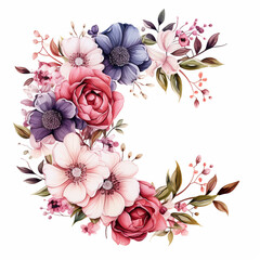 Beautiful vector watercolor floral wreath with hand drawn flowers and leaves