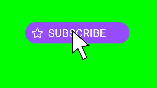 Flat style animation in English of a purple follow button with a heart on which a mouse pointer in the shape of an arrow clicks to reveal a subscribe button. The pointer clicks on the button again.