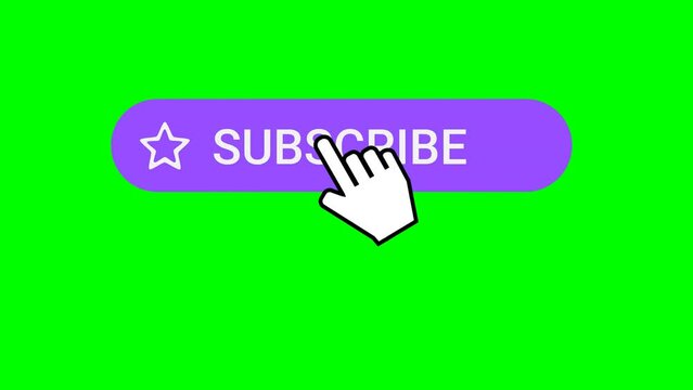 Flat style animation in English of a purple follow button with a heart on which a mouse pointer in the shape of an hand clicks to reveal a subscribe button. The pointer clicks on the button again.