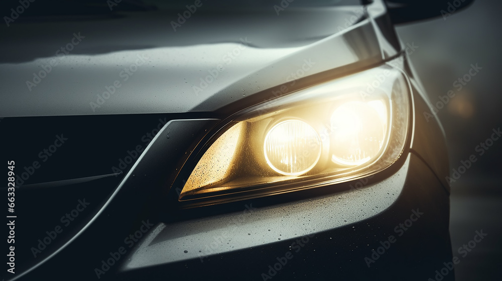 Wall mural the headlights of a car on an autumn road in fog, the weather is a dangerous road in November