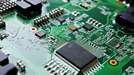 Obraz premium green microelectronics, microchip computer printed circuit board electronic chip, abstract fictional background