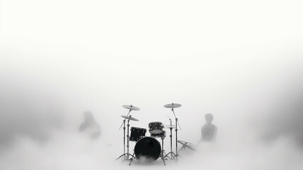 Fototapeta na wymiar drum kit in stage smoke on a white background, generated invented background music, sound cloud