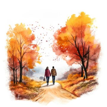 Watercolor autumn landscape with a couple walking.