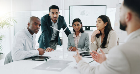 Wind turbine, meeting and people or office team working on clean energy and sustainability...