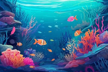 Illustration of an underwater world with coral reef and tropical fish as the sea background. Generative AI