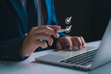 Check list concept. Businessman tick off questionnaire, survey, test, checklist, business question,...