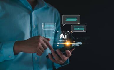 Chat robot ai assistant concept. Man command prompt to smart ai chatbot on virtual screen. Modern...