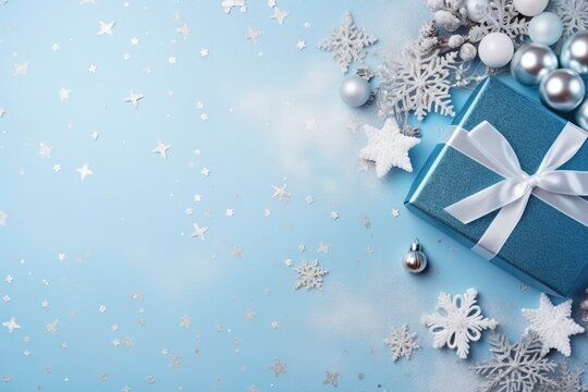 Christmas concept. Top view photo of the big present box with ribbon.
